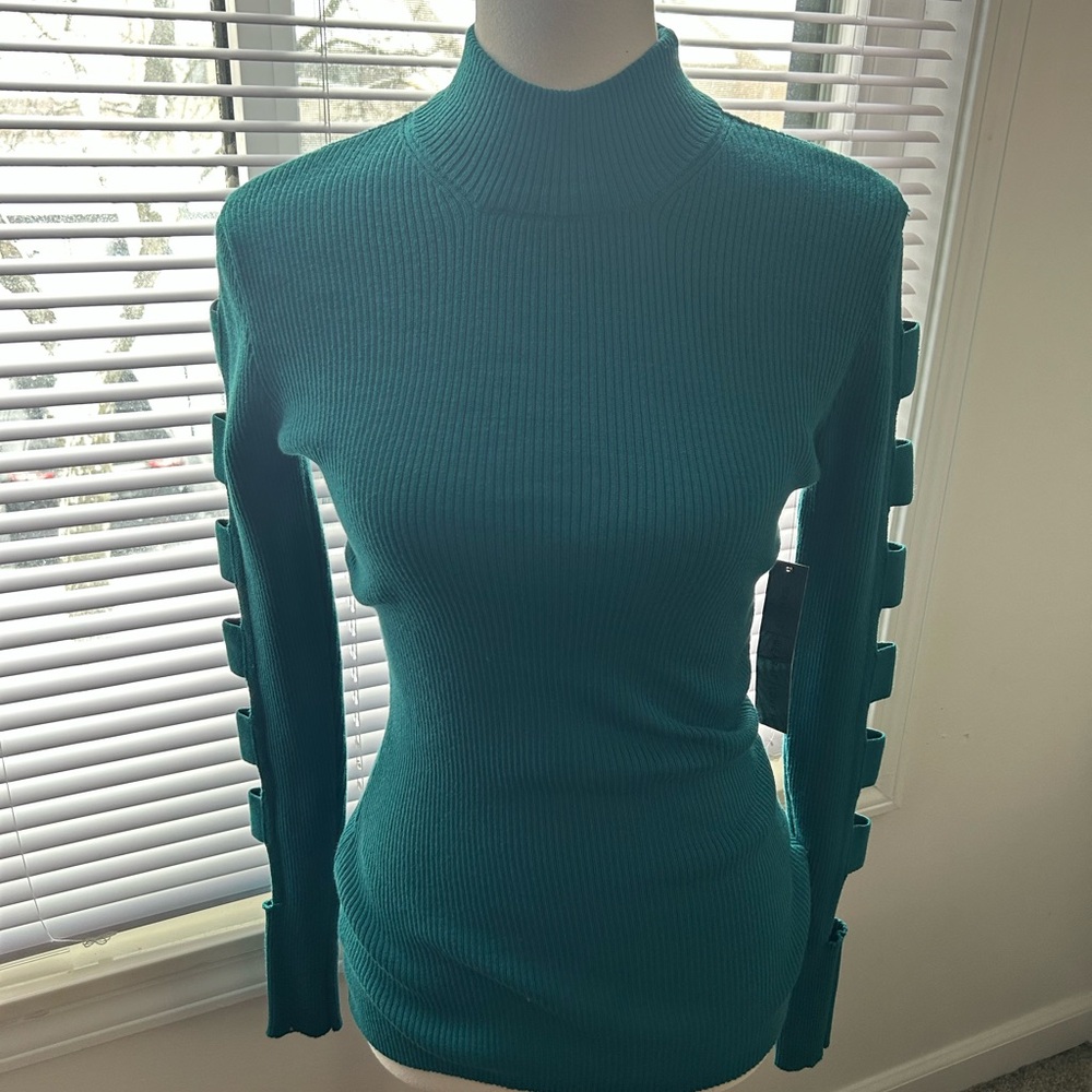 Teal Ribbed Turtleneck Sweater w/ Arm Slits